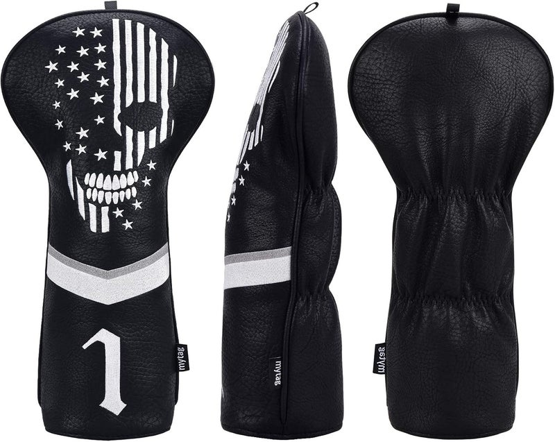 caiobob mytag Skull Skeleton Golf Head Covers Black Synthetic Leather Golf Headcovers Set Fits Driver Fairway Wood Hybrid/Utility Putter Iron Wedge Headcover - Image 2